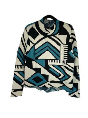 Vintage Y2K 90s knit Dad sweater geometric retro black blue Mock Neck Men’s M